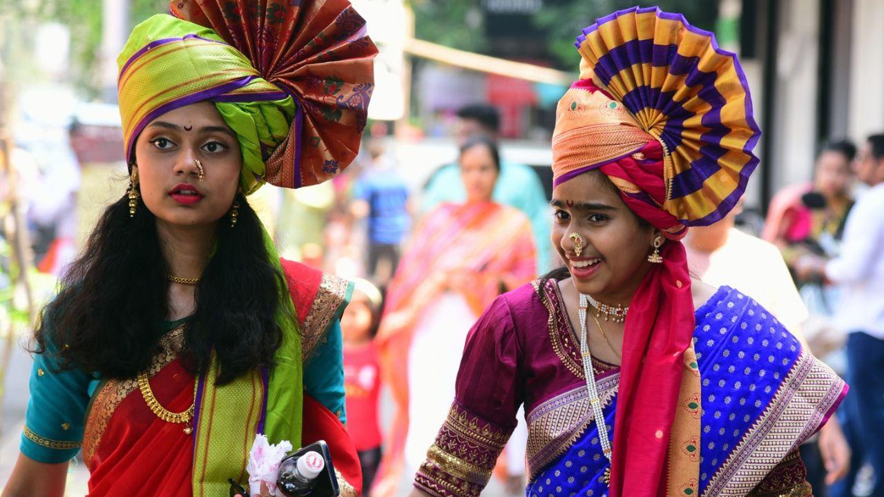 Two teenage girls spotted donning the traditional attire while on their way to the Shobha Yatra on Gudi Padwa, at Lalbaugh in Mumbai. (Mid-day Photo/Shadab Khan)